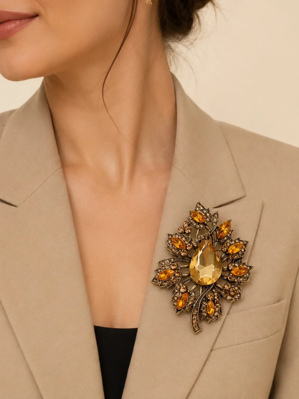 Autumn Amber Crystal Leaf Brooch